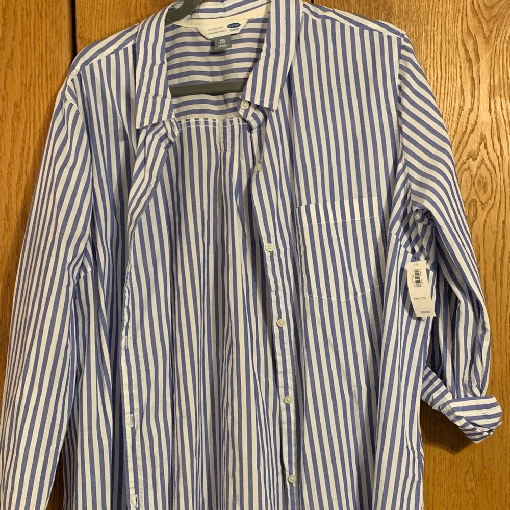 Blue and white striped button up